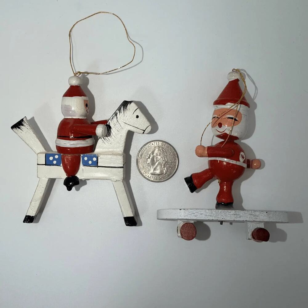 Lot Of 2 Vintage Wooden Santa Claus Christmas Tree Ornament Rocking Horse Skater